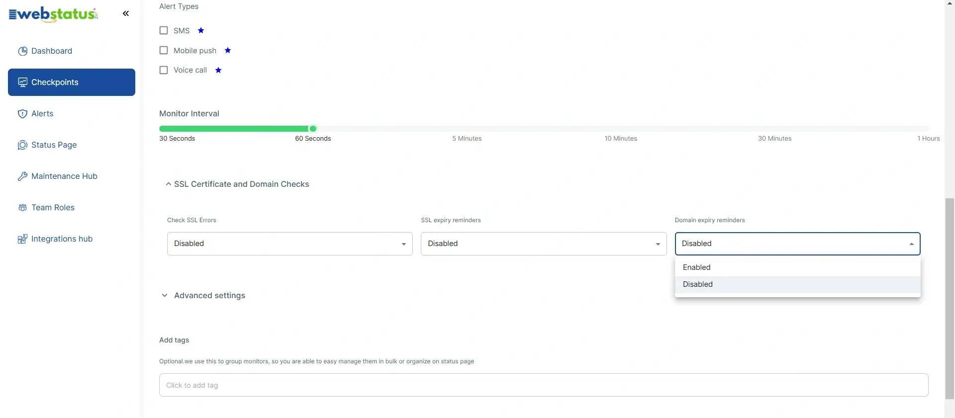 Domain monitoring dashboard screenshot