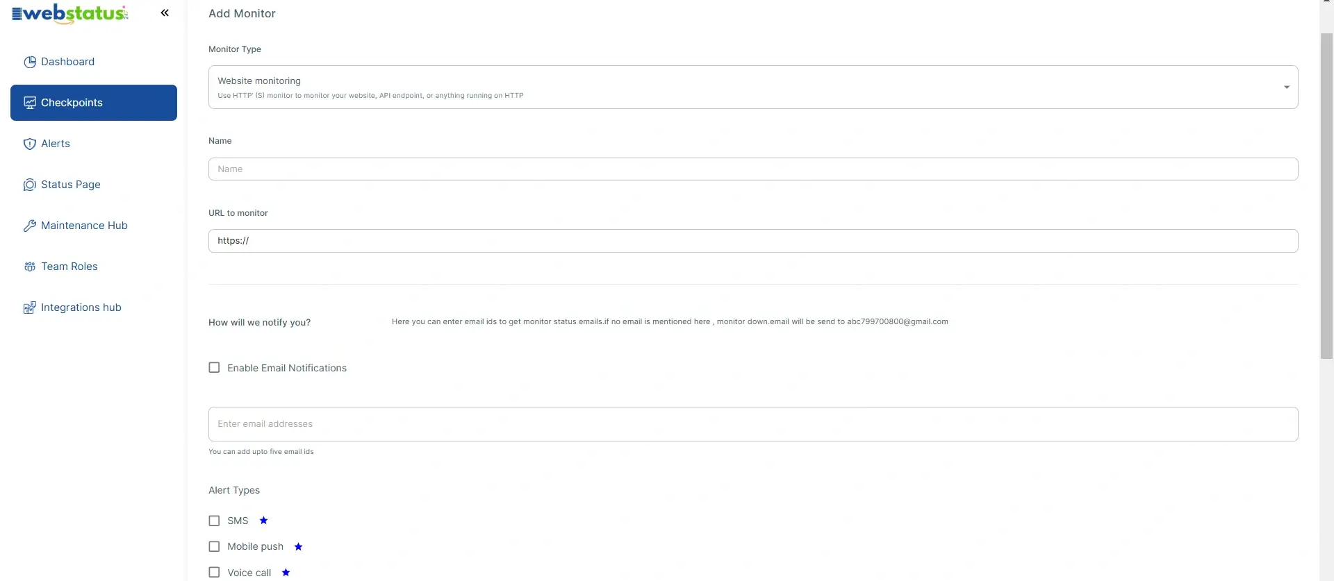 Webpage monitoring dashboard screenshot