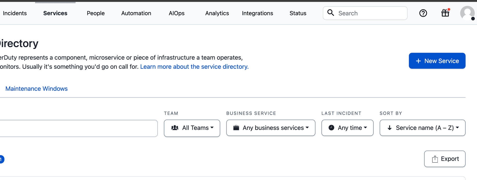 PagerDuty service directory screenshot
